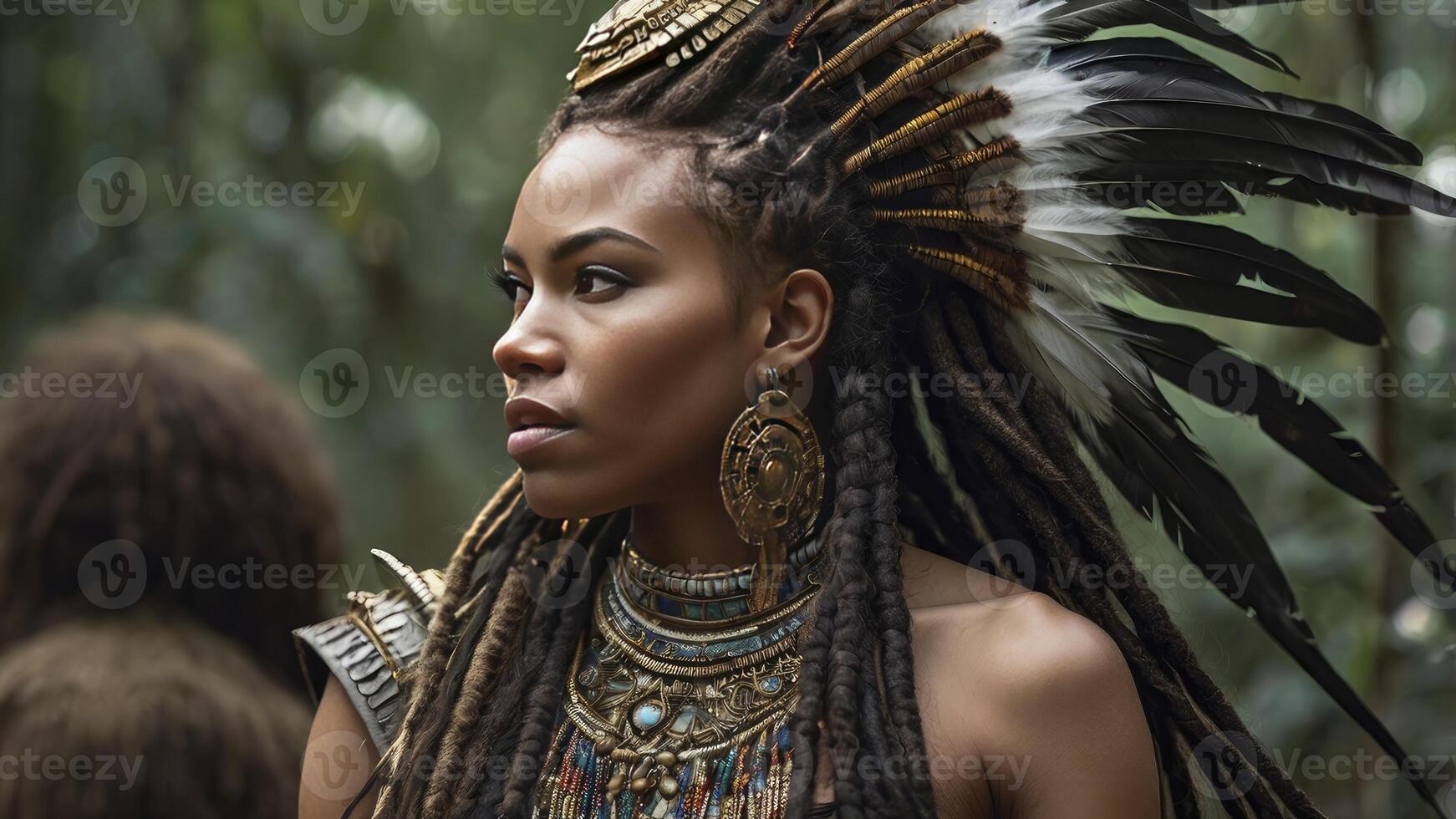 Woman with Headdress and Dreads in Lush Forest Environment Portrait photo