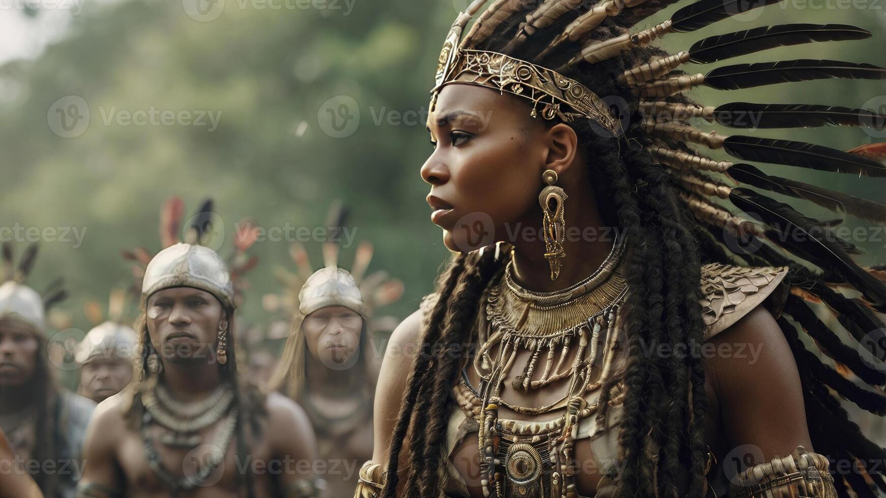 Indigenous Woman Wearing Headdress with Tribe in Background Outdoors photo