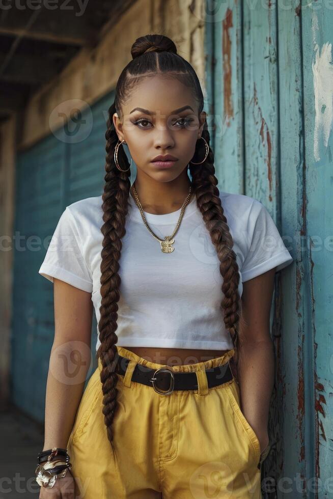 Woman with Braids and Yellow Pants Leaning Against Weathered Blue Wall photo