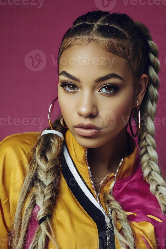Portrait of Confident Young Woman with Braided Hair Against Pink Backdrop photo
