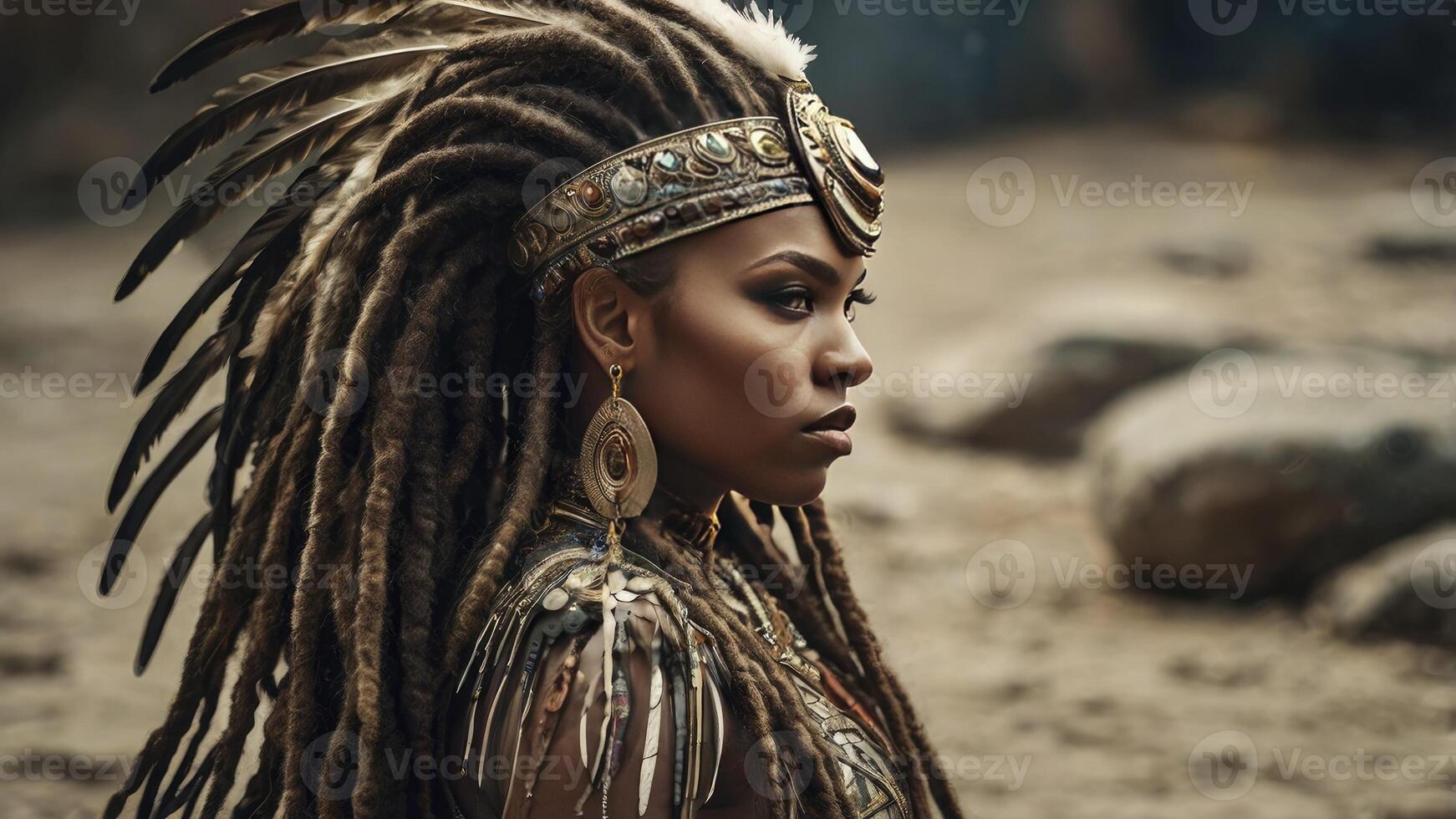 Woman with Dreadlocks Wearing Tribal Headwear in Desert Setting photo