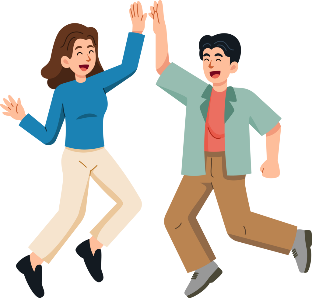 Male and female friend jumped to High five touch each other hand and raised their hands png