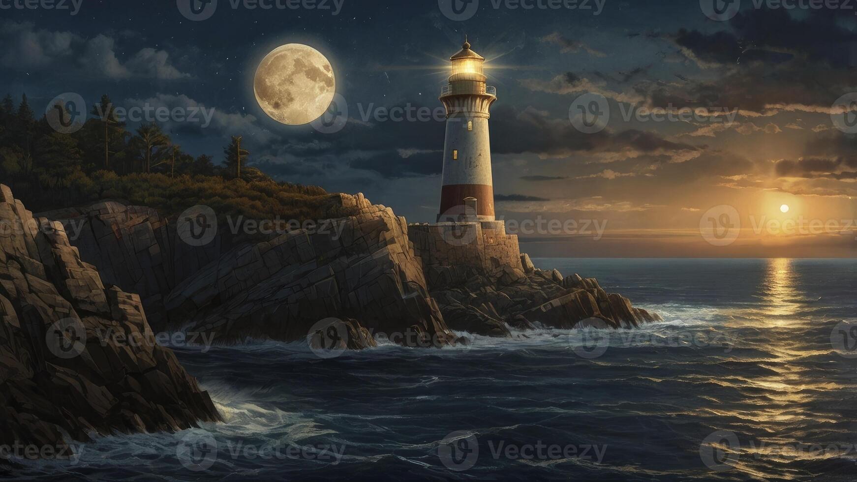 Lighthouse Beacon Shines Brightly Under Moonlit Night Sky Over Ocean photo