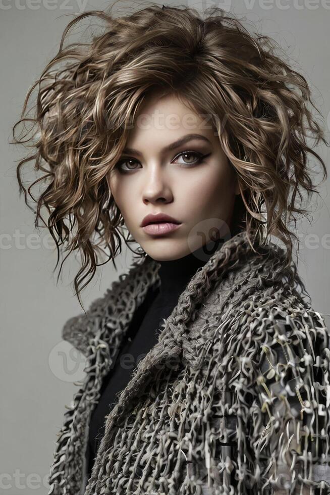Stylish Woman with Curly Hair Wearing Textured Coat in Studio Setting photo