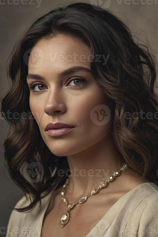 Portrait of Elegant Woman with Necklace Showing Soft Lighting and Style photo