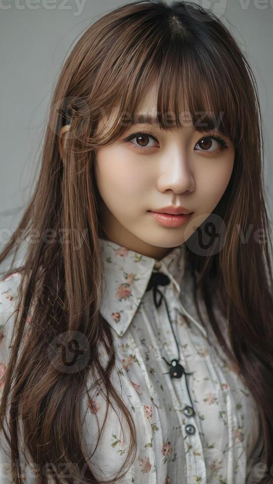 Portrait of Asian Woman with Bangs and Floral Blouse Looking at Camera photo