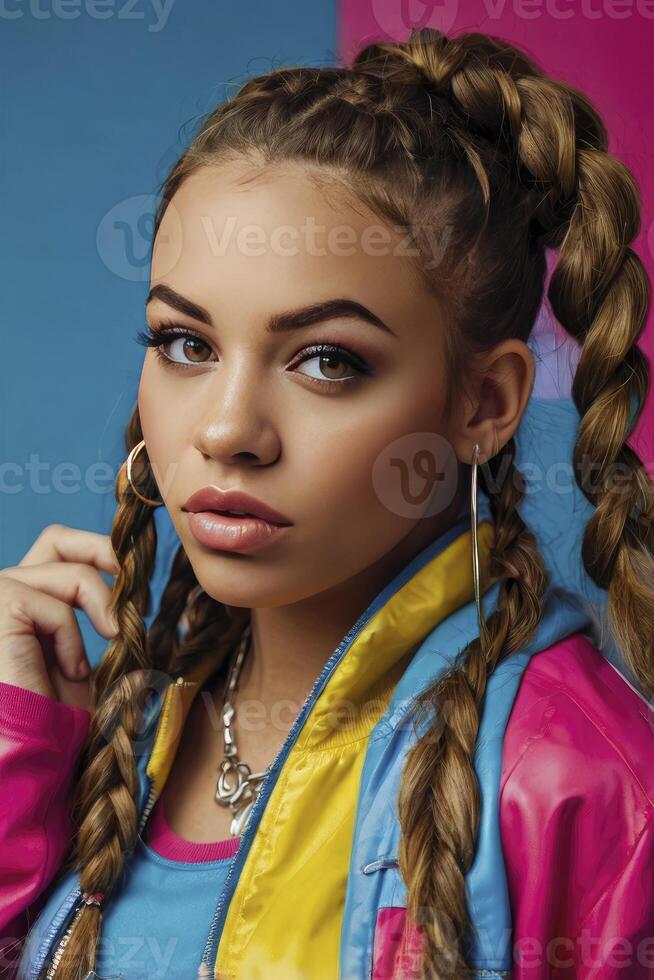 Portrait of a Stylish Woman with Braids Against a Colorful Background photo