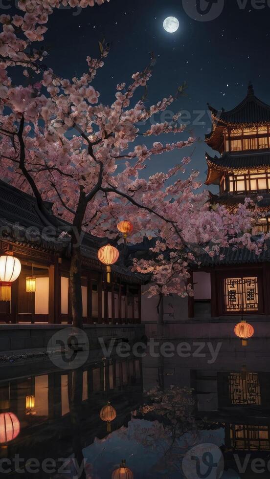 Blossoming Cherry Tree at Night in a Traditional Chinese Garden photo