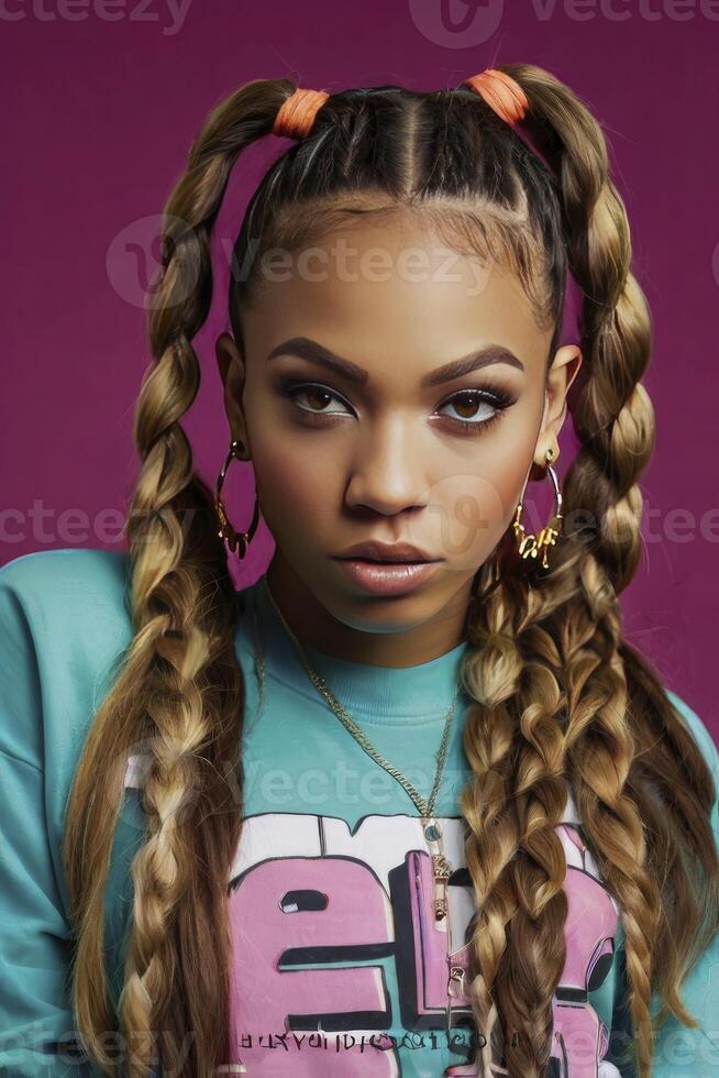 Confident Young Woman Posing with Pigtails and Colorful Streetwear Fashion photo