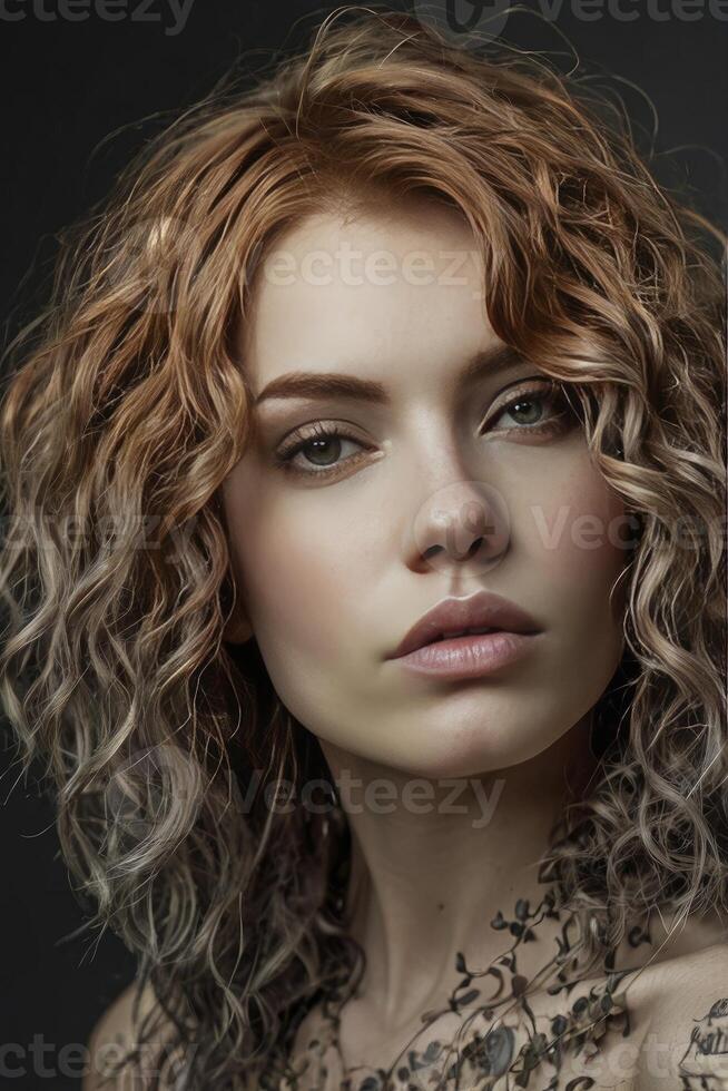 Portrait of a Woman with Wavy Hair and Delicate Floral Tattoo photo