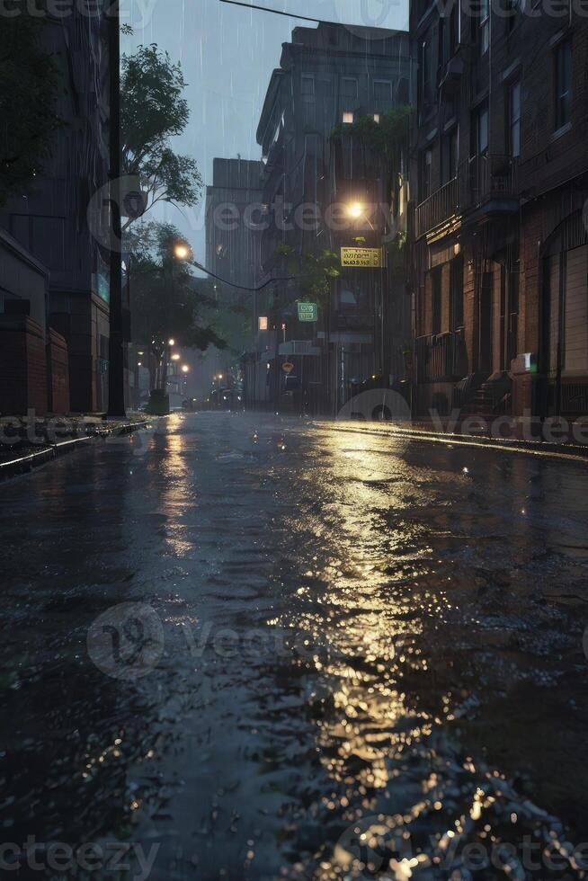 Walking on Wet Street in City During Rain with Light Reflections photo