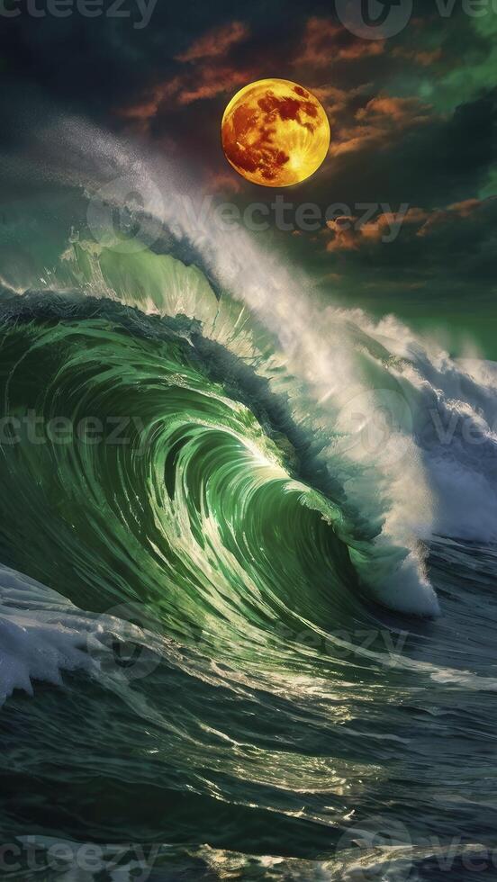 Dramatic Ocean Wave Cresting Under a Bright Full Moon at Night photo