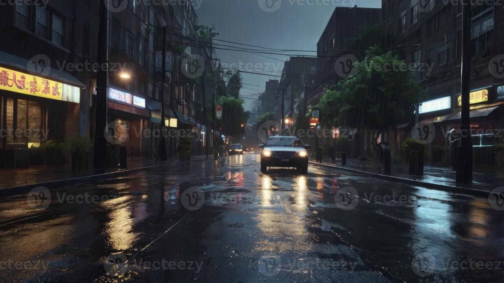 Driving on a Wet City Street During a Rainy Dark Day photo