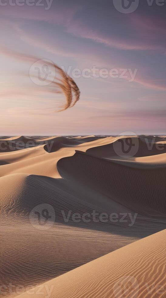 Exploring Golden Sand Dunes with Dust Devil Under Pastel Sunset Sky photo
