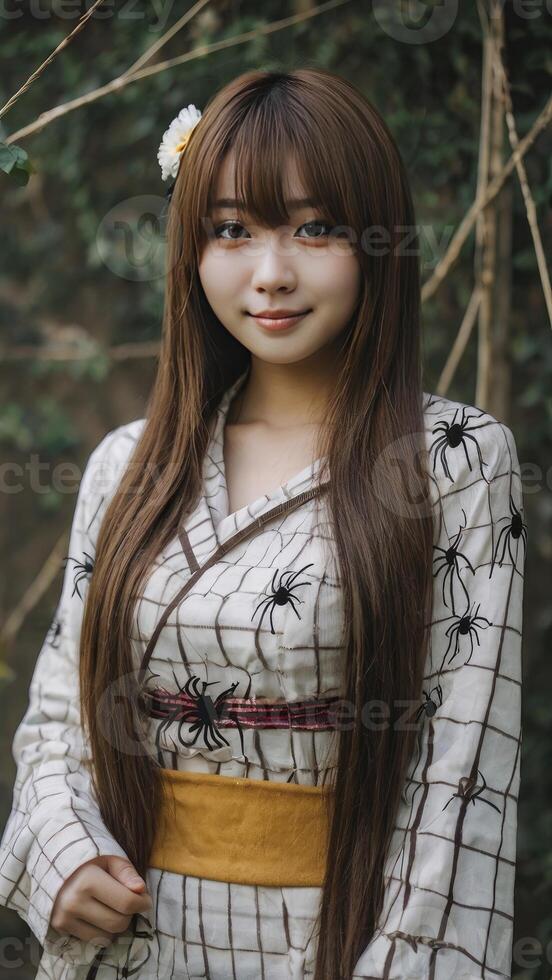 Portrait of Smiling Asian Woman in Kimono with Spider Web Pattern photo