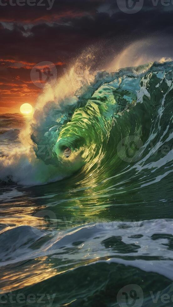 Crashing Ocean Wave at Sunset Creates a Stunning Green Water Barrel photo