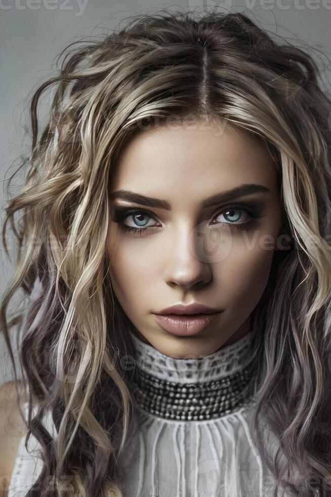 Portrait of a Woman with Wavy Blonde Hair and Piercing Blue Eyes photo