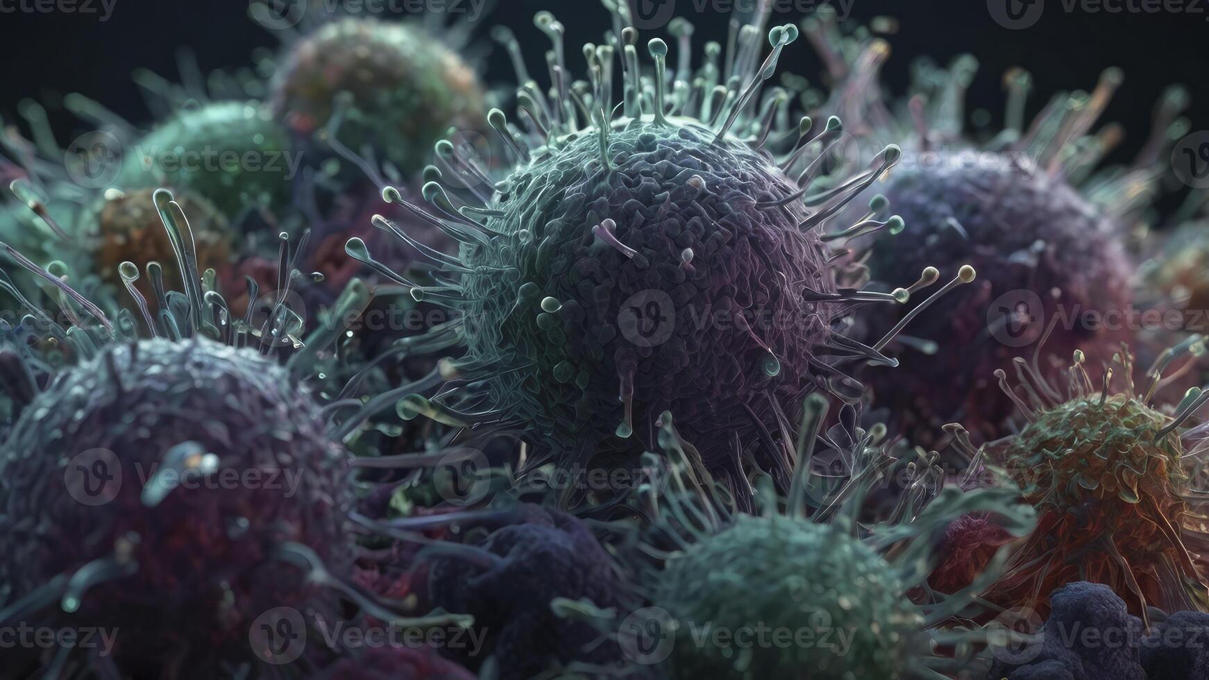 Detailed Microscopic View of Virus Cells with Spiked Surface Structures photo