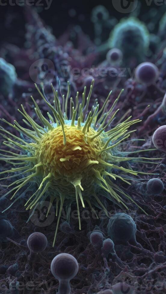 Close-up Virus Rendering Showing Structure with Tentacles and Cellular Environment photo