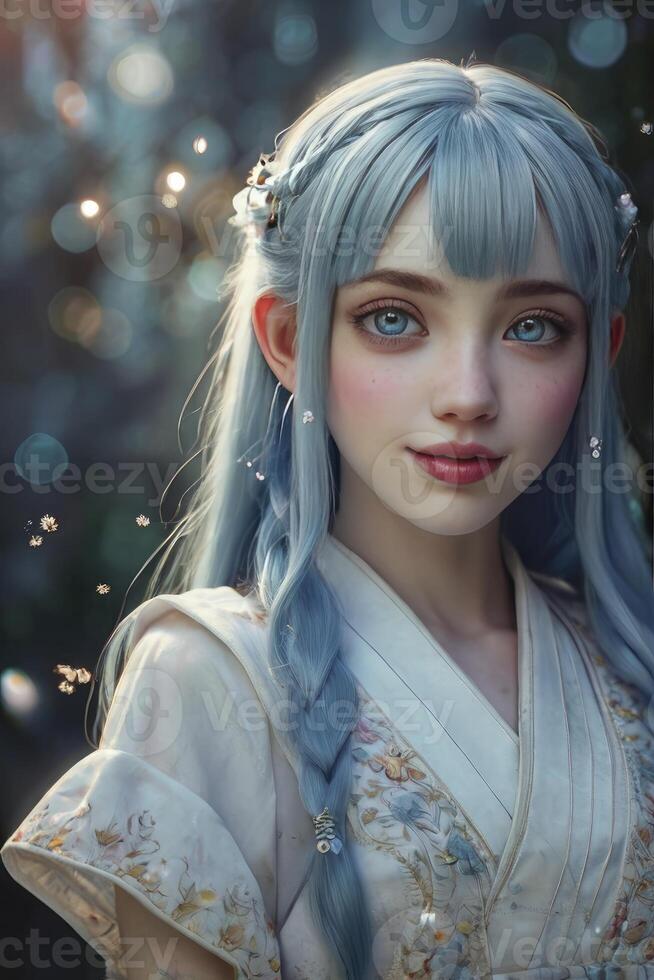 Portrait of a Girl with Blue Hair and Eyes in Fantasy Setting photo