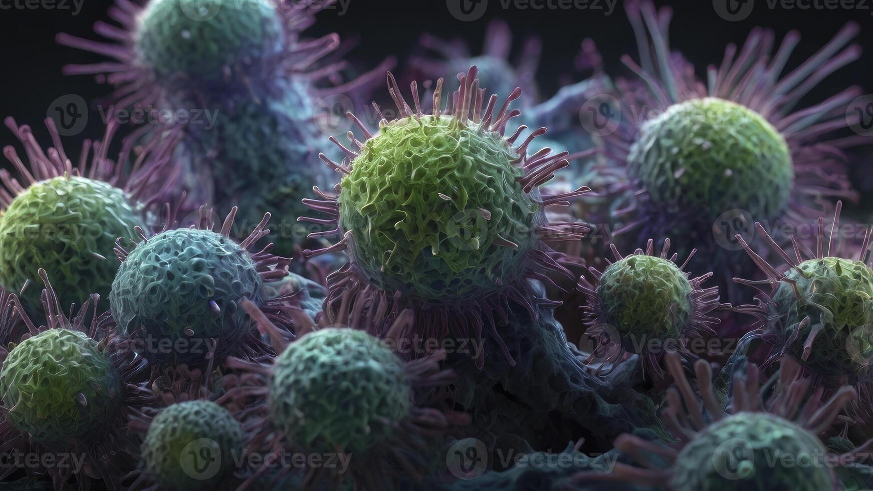 Illustration of Viruses with Spikes Green and Purple Against Dark Background photo