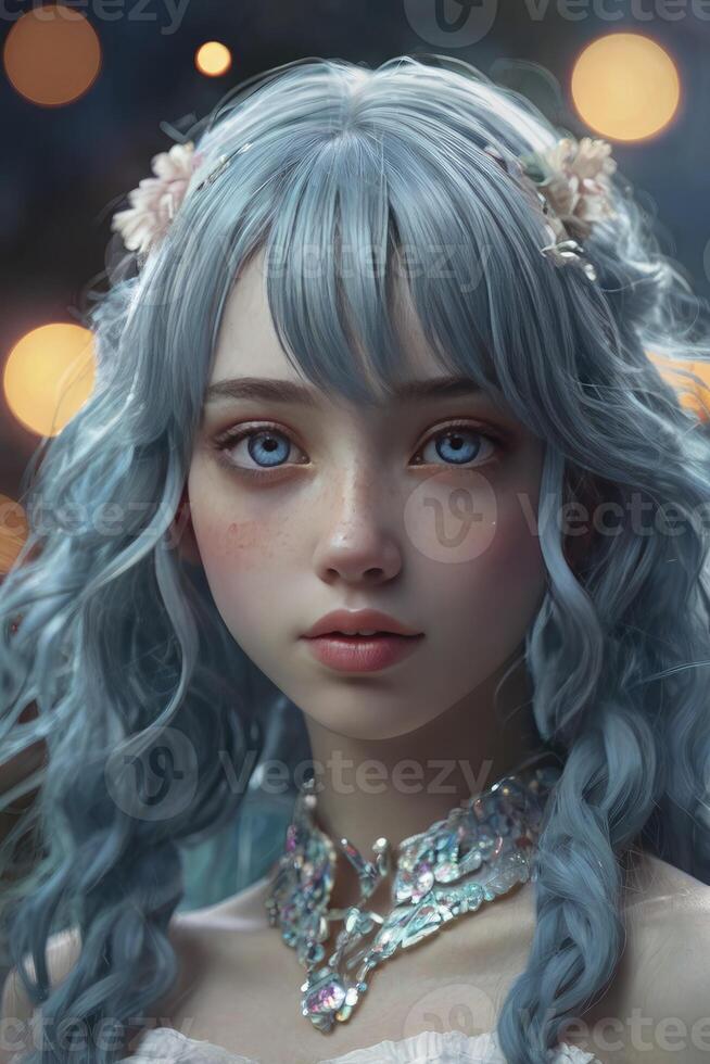 Portrait of a Young Woman with Blue Hair and Ornate Necklace photo