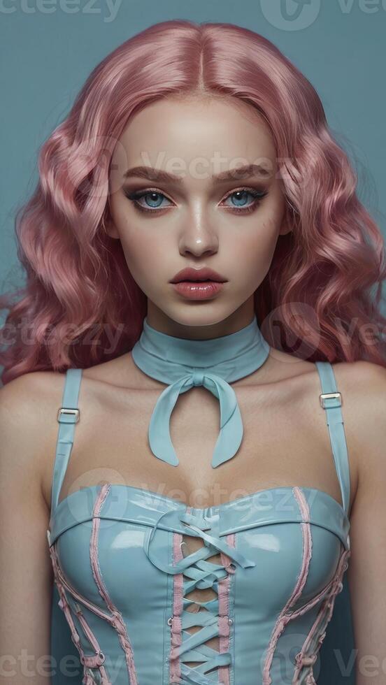 Portrait of a Woman with Pink Hair and Blue Fashion Top photo