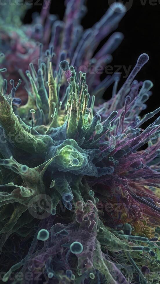 Detailed Microscopic Cell Structure Showing Pods and Extensions with Abstract Art Style photo