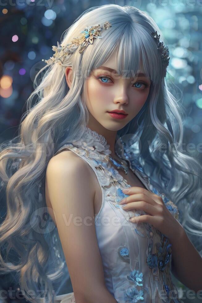 Elegant Woman with Silver Hair and Blue Eyes in Dreamy Setting photo