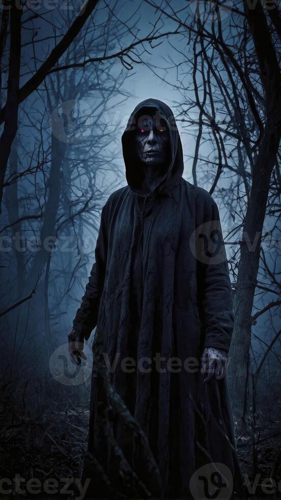 Creepy Figure in Dark Hooded Cloak Standing in Misty Forest photo