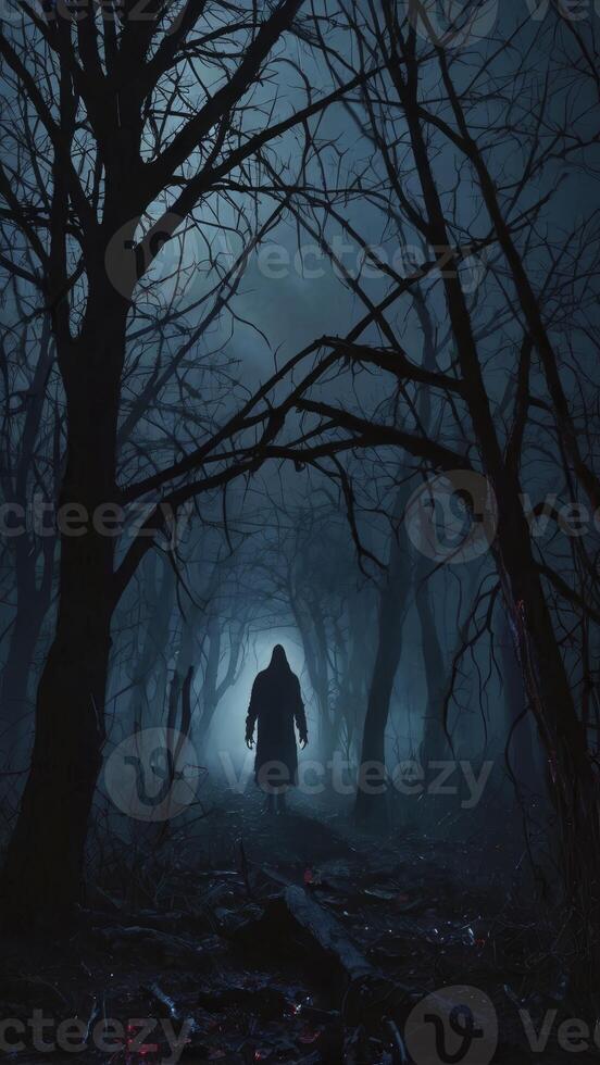 Figure Walking Through Dark Forest with Trees in Foggy Night photo