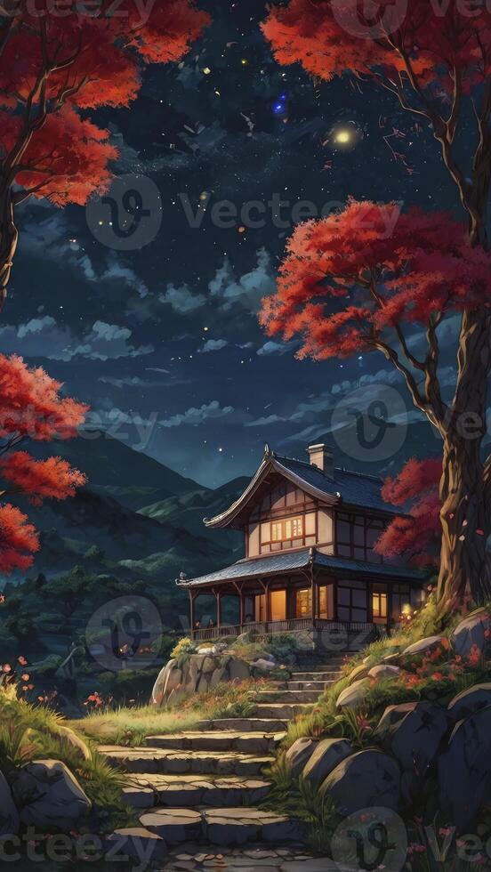 Japanese House at Night Under Starry Sky with Autumn Foliage photo