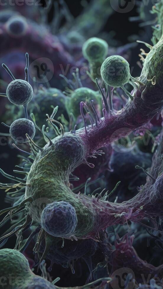 Close-up View of Microscopic Bacteria with Tentacles and Spherical Shapes photo