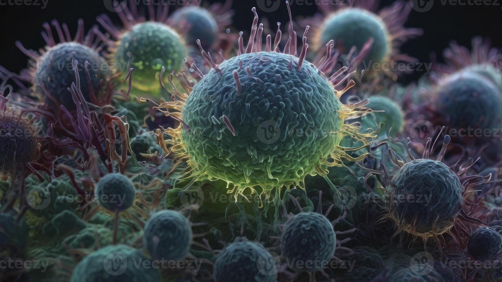 Microscopic View of Cancer Cells with Spikes Growing on Surface photo