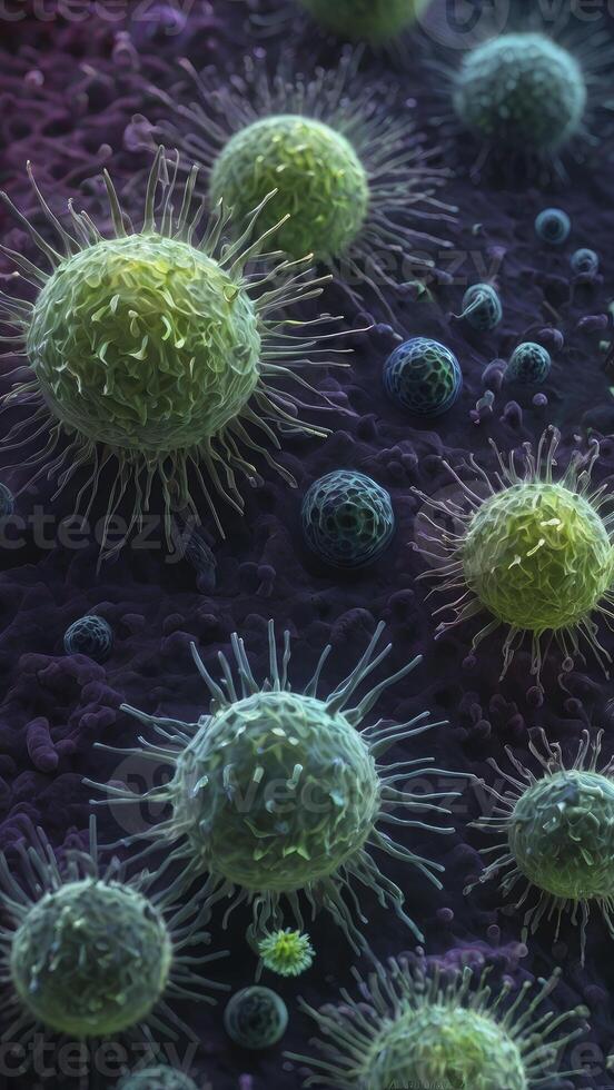 Virus and Bacteria Cells Microscopic View Green and Blue Illustration photo