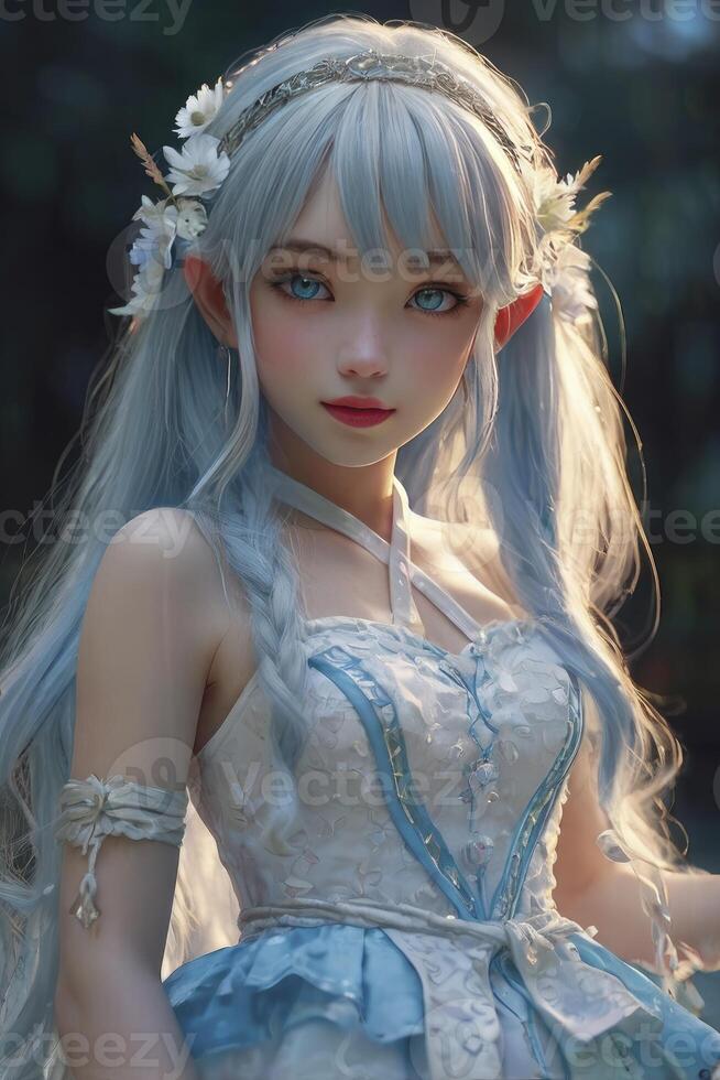 Anime Elf Girl with Blue Hair and Eyes Wearing Floral Crown photo