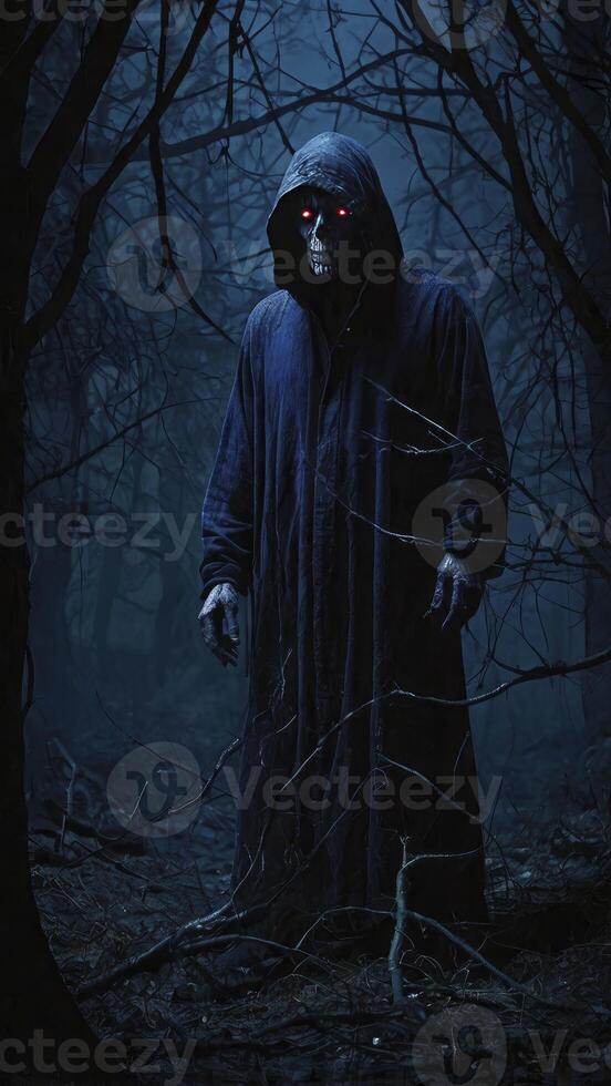 Cloaked Figure with Glowing Red Eyes Standing in Dark, Foggy Forest photo