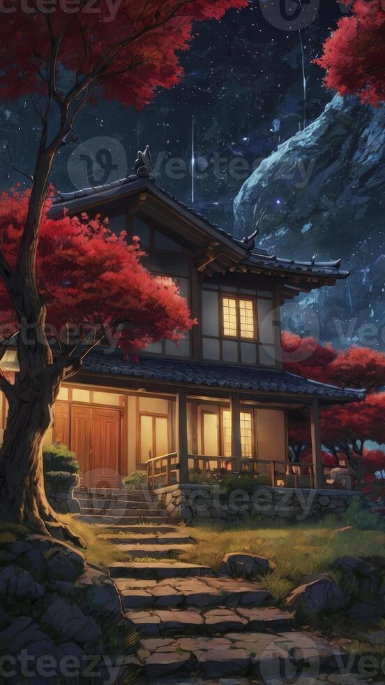 Visiting Japanese House at Night with Red Leaves and Stone Steps photo