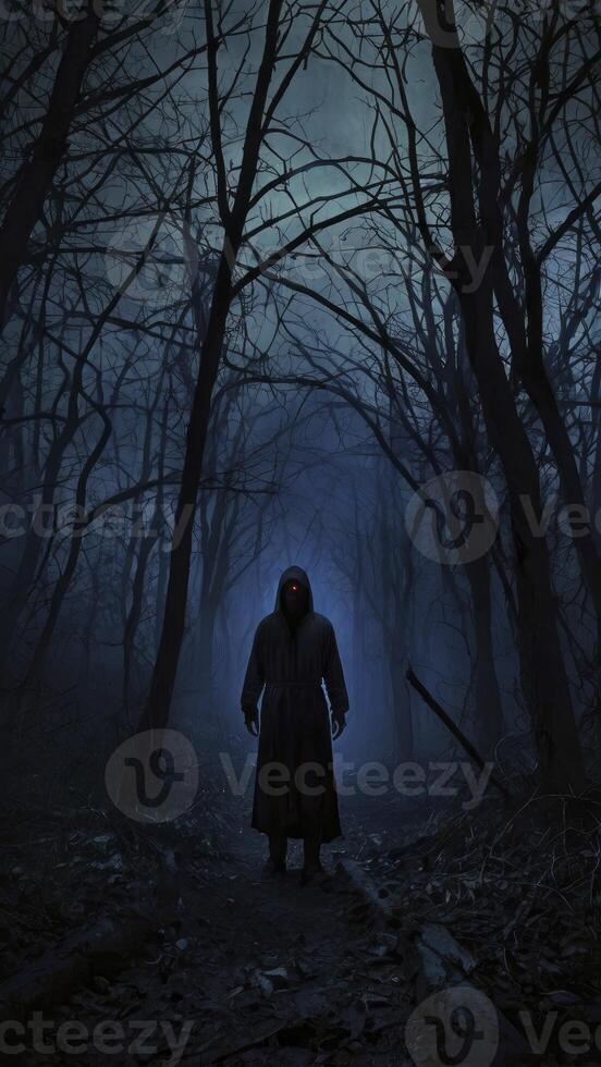 Mysterious Figure in Dark Cloak Standing in Foggy Forest at Night photo