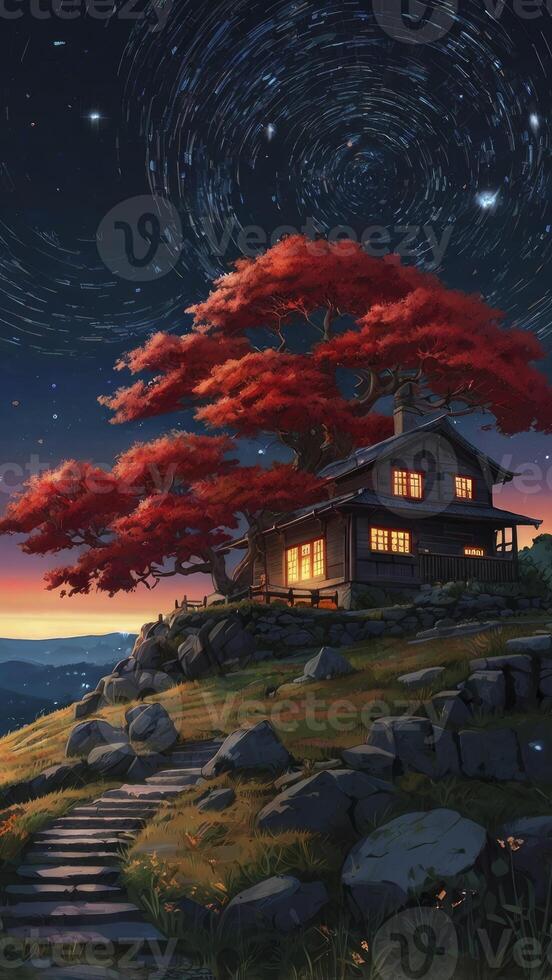 Cozy Cabin with Red Maple Tree Under Rotating Starry Night Sky photo