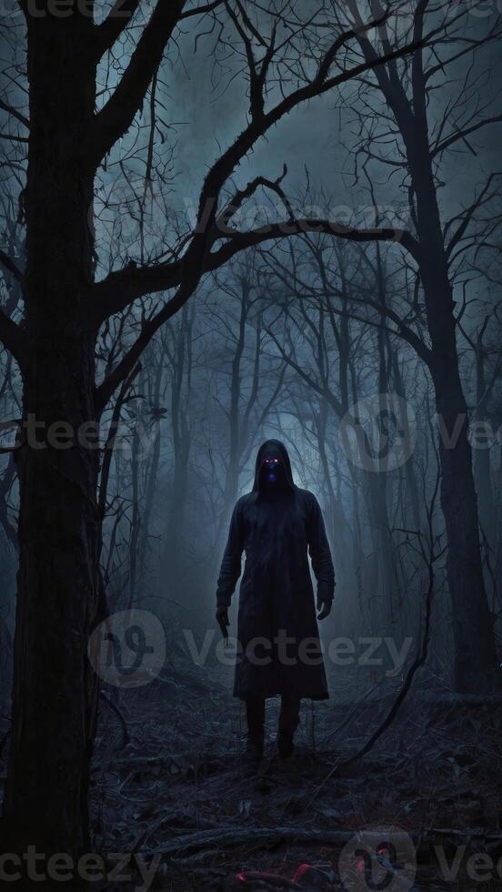 Mysterious Figure in Dark Forest with Glowing Eyes and Long Coat photo