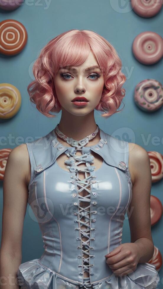 Woman with Pink Hair and Blue Dress with Candy Background Portrait photo