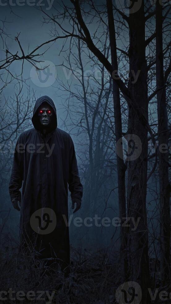 Creepy Grim Reaper in Black Cloak with Glowing Red Eyes in Woods photo