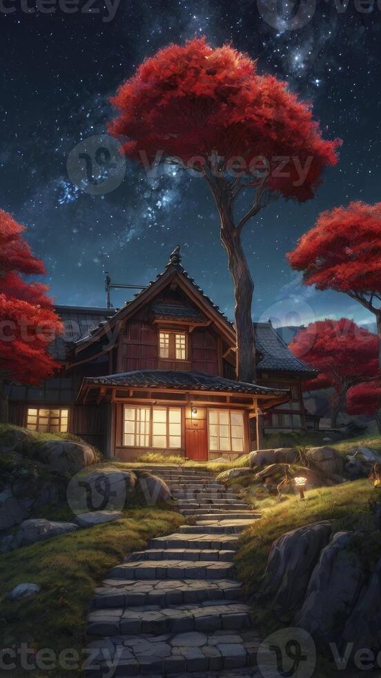 Visiting Traditional Japanese House Under Night Sky and Red Maple Trees photo