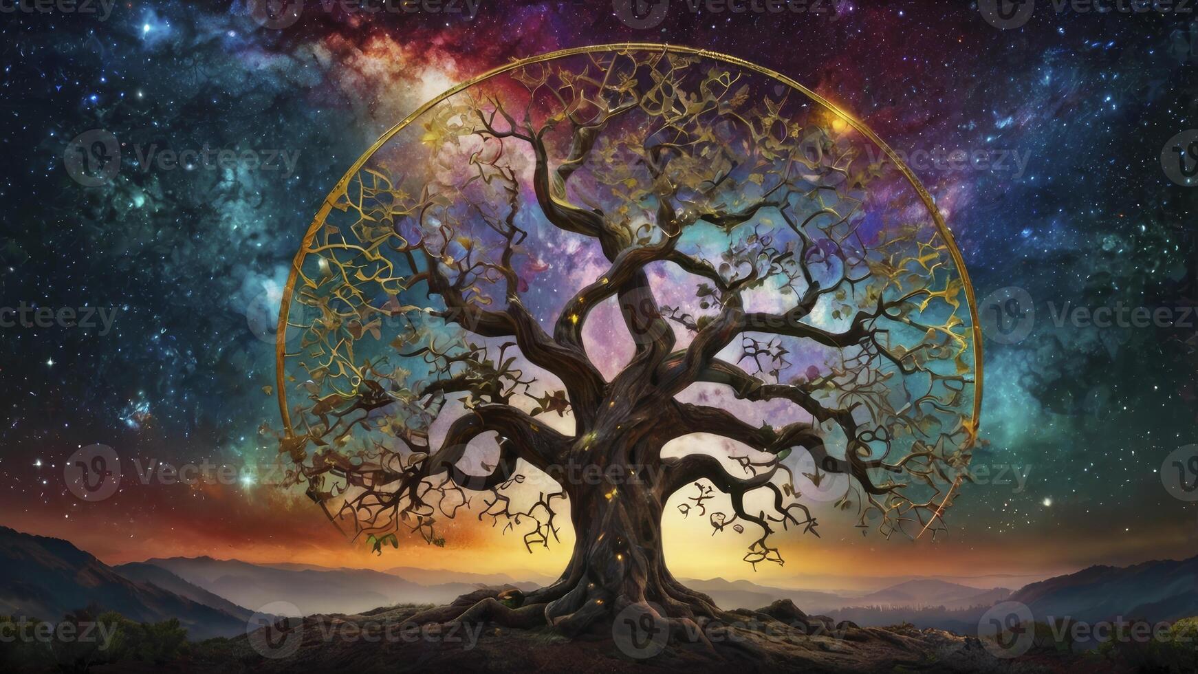 Magical Tree of Life Against a Colorful Galaxy Background Artwork photo