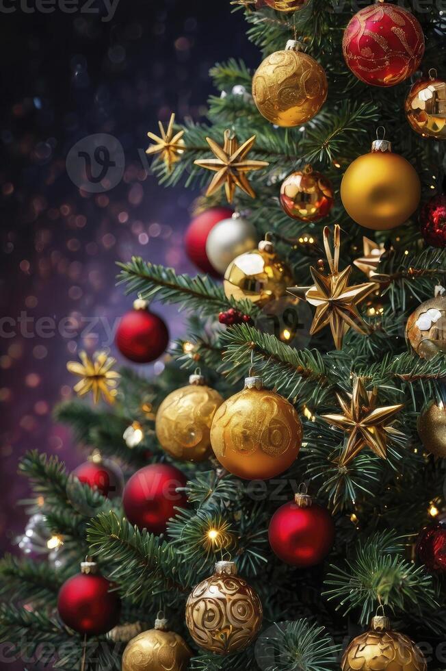 Decorating Christmas Tree with Gold and Red Ornaments and Star Toppers photo