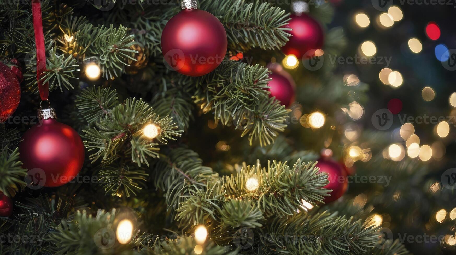 Decorating Christmas Tree with Red Ornaments and Festive String Lights photo