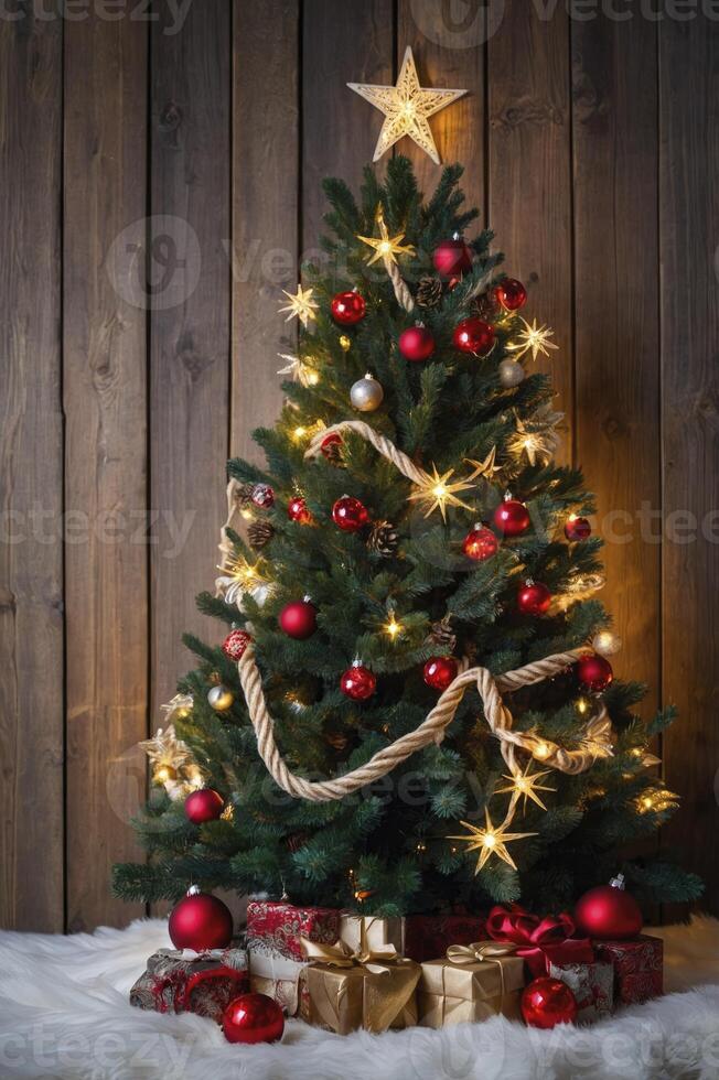 Decorated Christmas Tree with Star Topper and Gifts on Fluffy Rug photo