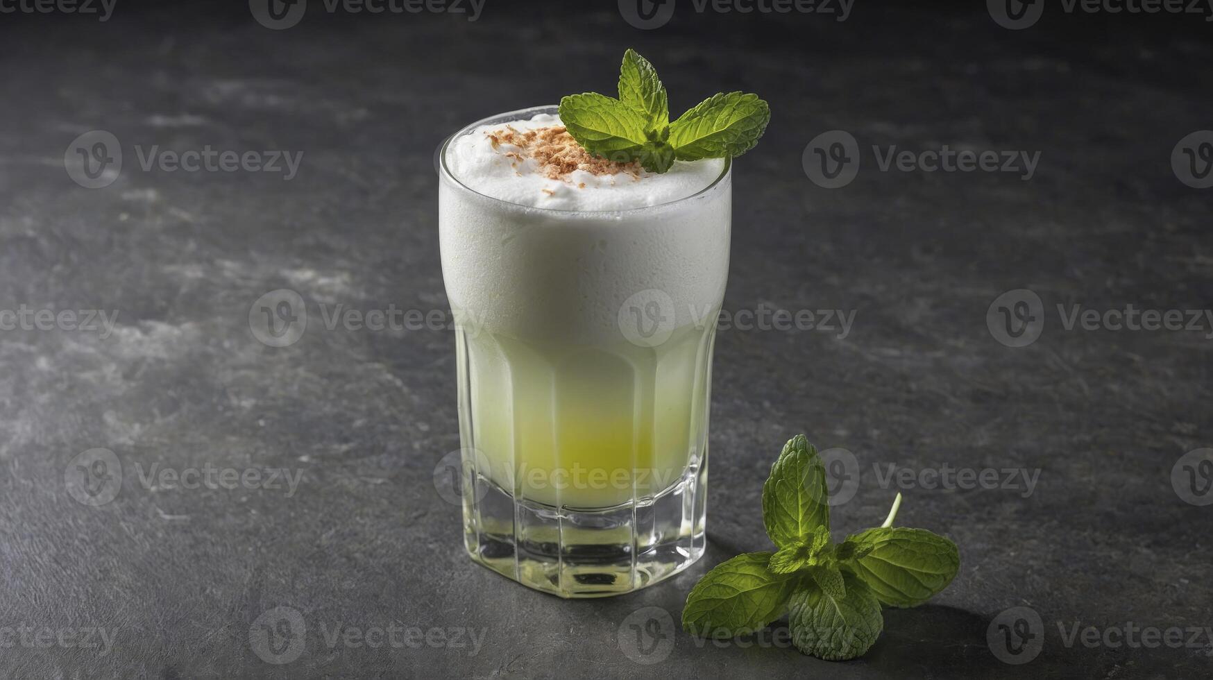Refreshing Pisco Sour Cocktail with Mint on Dark Stone Surface photo