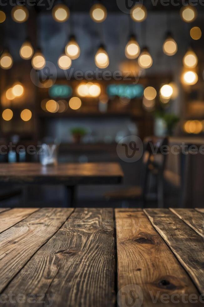 Rustic Wooden Tabletop with Blurred Restaurant Background and Warm Lighting photo